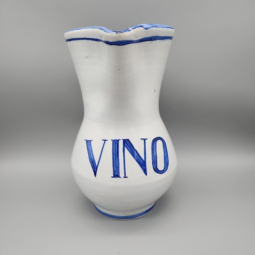 Talavera Spain Vino Pitcher Jug Hand Painted Pottery White Cobalt Blue Marked